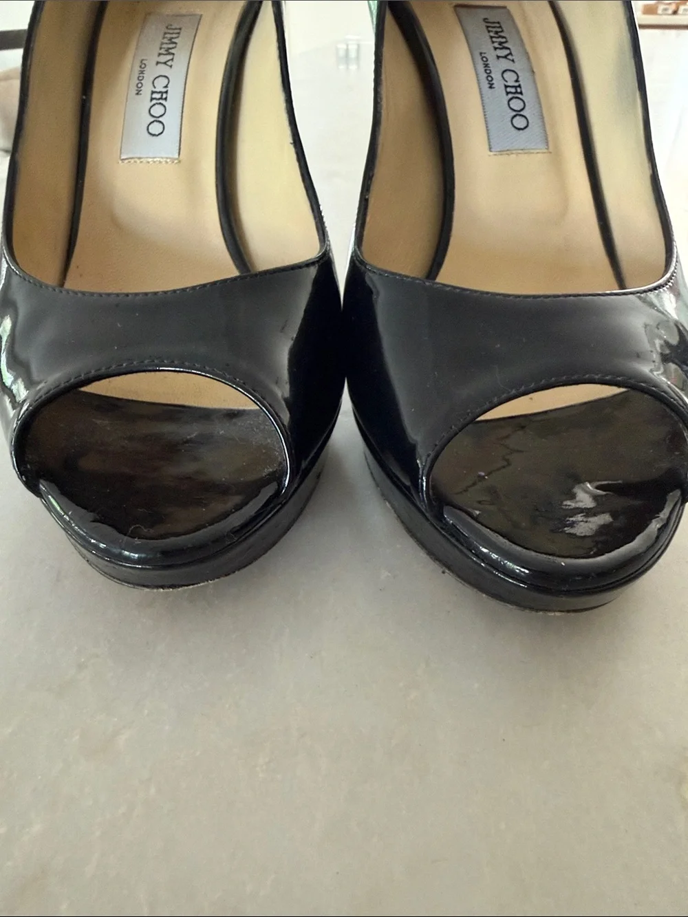 Jimmy Choo Black Patent Peep-Toe Stiletto Pumps size 40